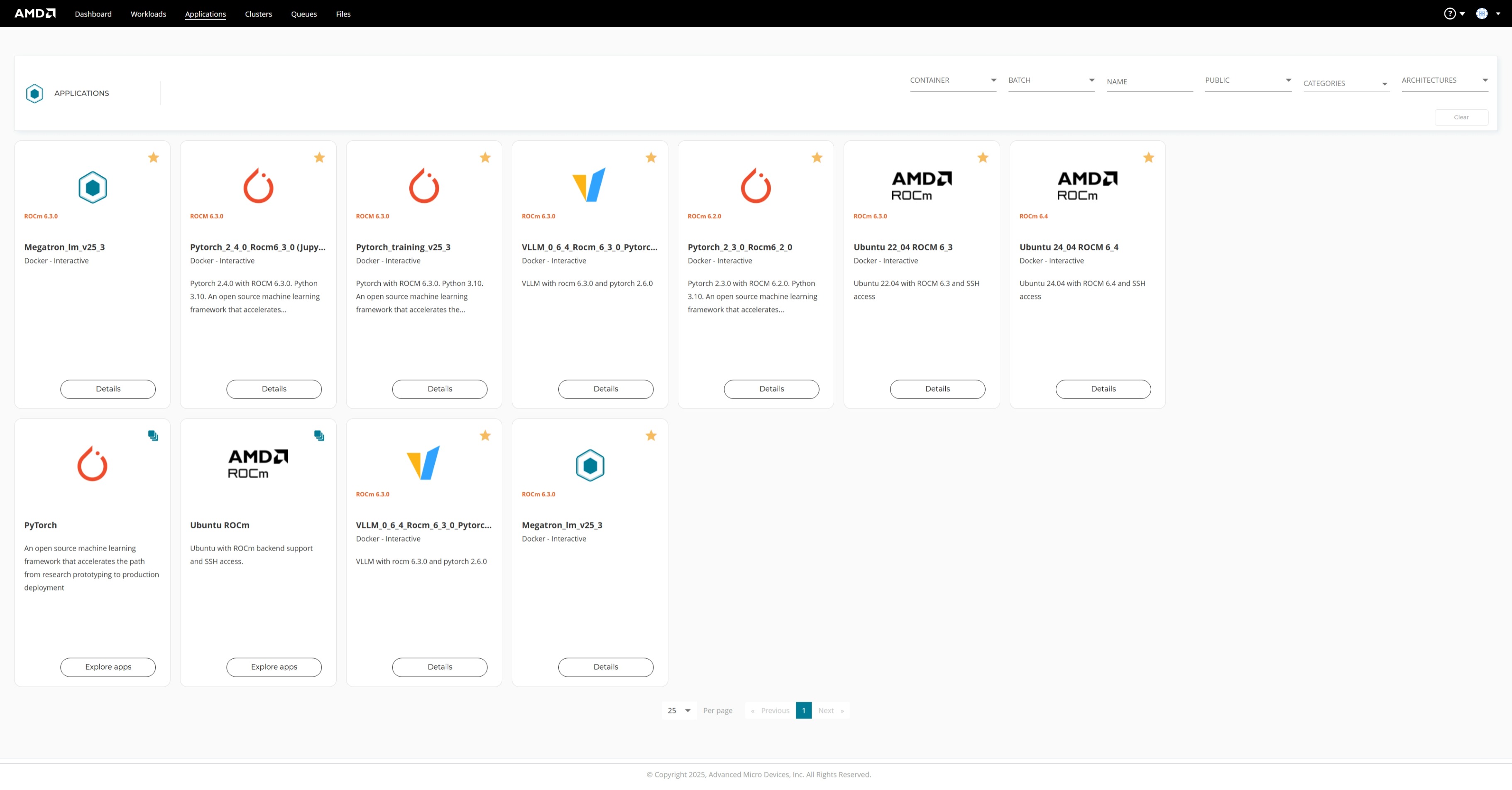 Applications page available for the user